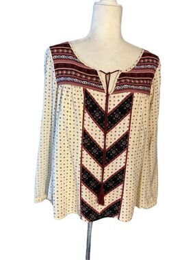 Cloud Chaser cream and maroon patterned boho long sleeve peasant blouse with tie